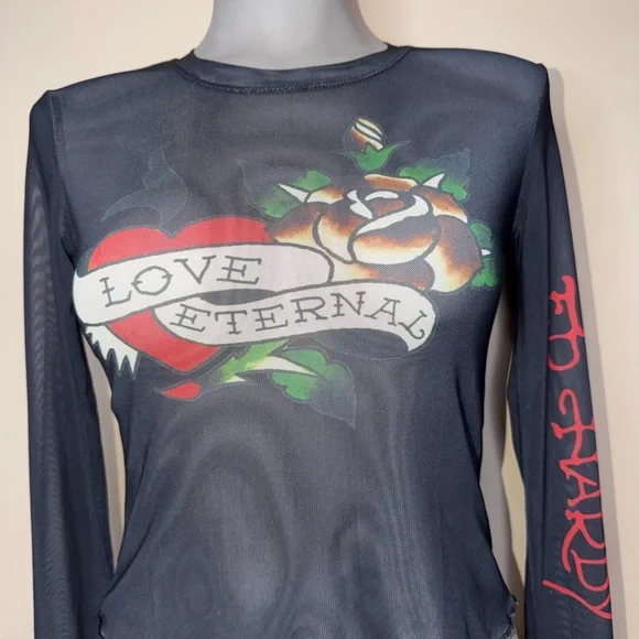 Ed Hardy Black Sheer Long Sleeve Tattoo-Print Crop Top - Picture 9 of 11